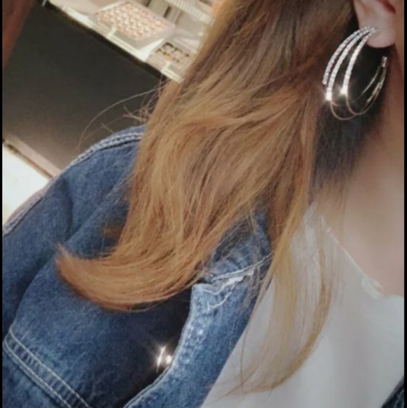 Silver Hoop Trendy Pave Diamond Earrings - Picture 3 of 3